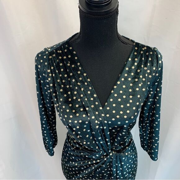 ZARA dark green cream velvet polkadot V-neck wrap dress ruched Sz S - Picture 5 of 11